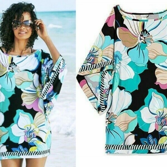 TRINA TURK SINTRA FLORA SWIMSUIT COVER-UP TUNIC MINI DRESS SMALL - Picture 2 of 13